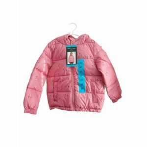 Pink Puffer Jacket with Bow Print